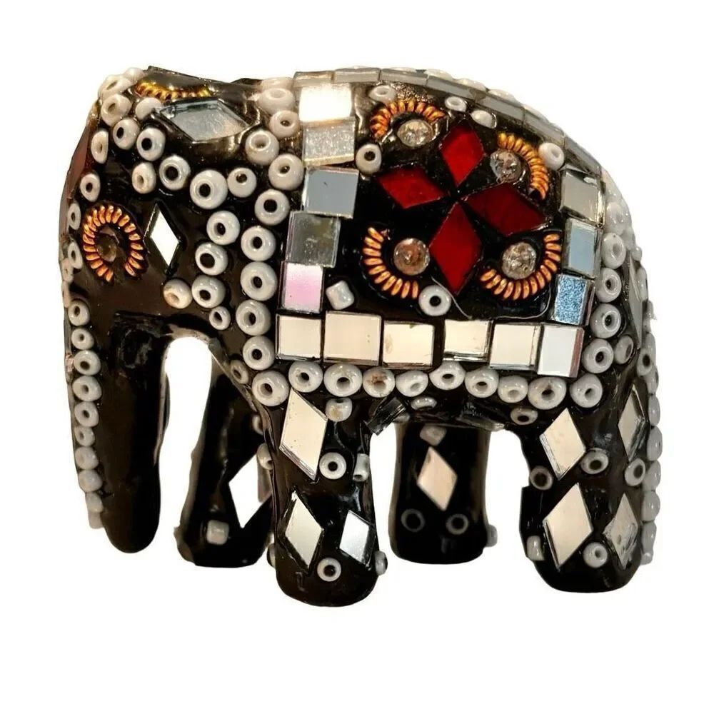 Vtg Handmade Indian Mirror & Bead Embellished Elephant Figurine Multicolor Small